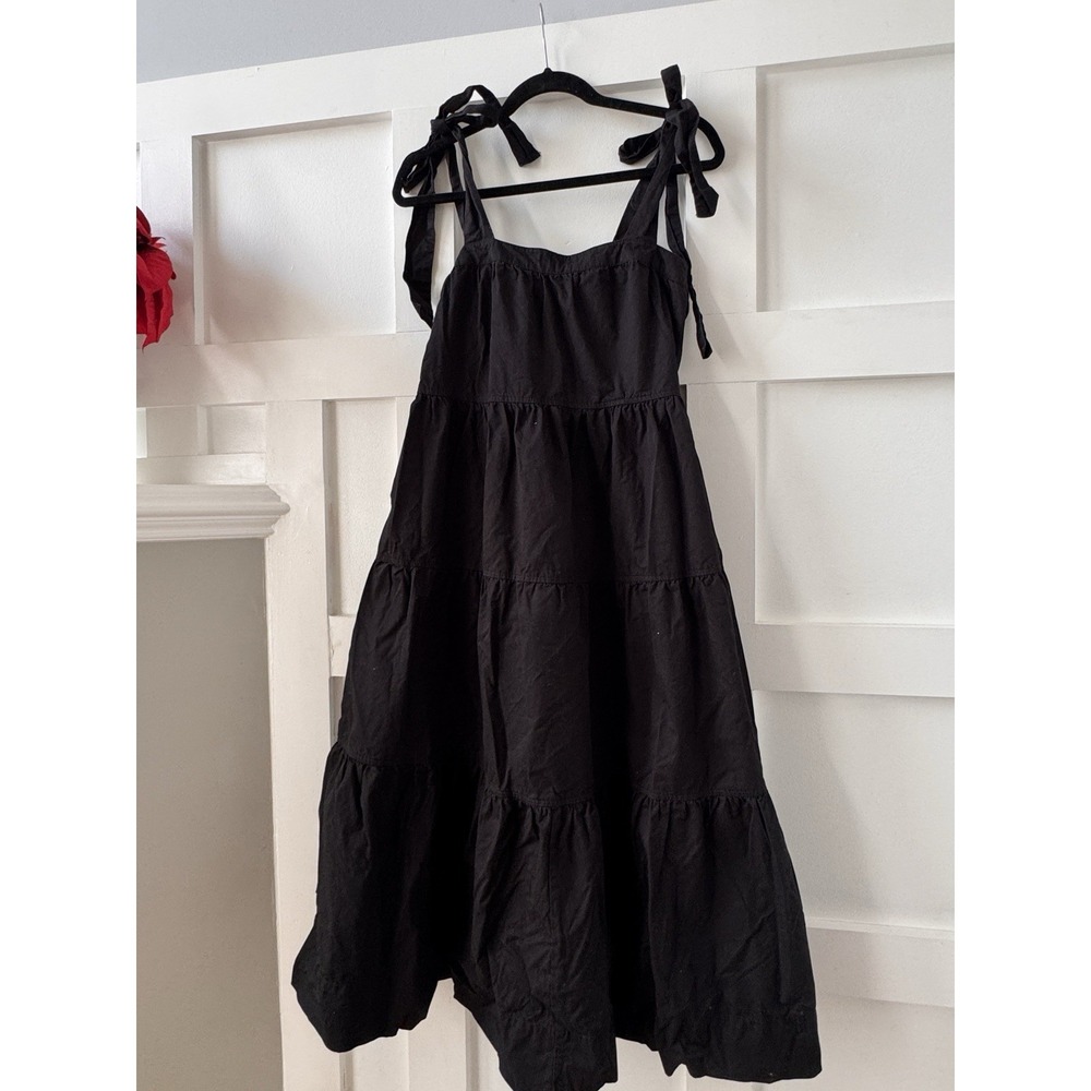 free assembly black tiered midi dress with tie-shoulder straps, size small
